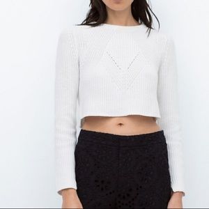Zara White Cropped Knit Sweater